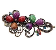 Floral Hair Barrette Gold Tone Multicolor Rhinestone Clip Vintage Style