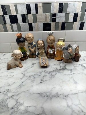 Unique Vintage Child Nativity Set, Ceramic, 8 Pieces Hand Made in the 70's
