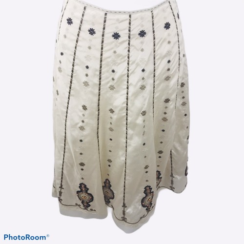 Silk Blend Skirt Womens 8 Beaded Embroidered Lined Side Zip Midi Ivory A-Line - Picture 4 of 9
