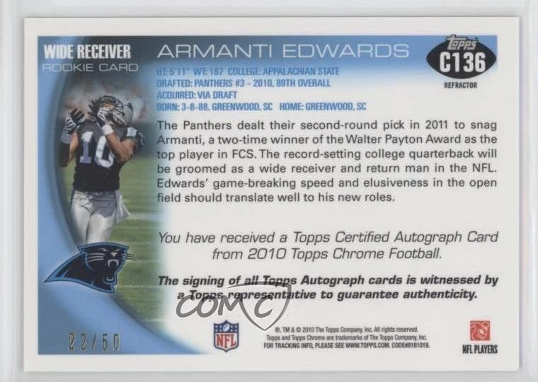 2010 Topps Chrome Refractor Auto /50 Armanti Edwards #C136 Rookie Auto RC - Image 2 of 2