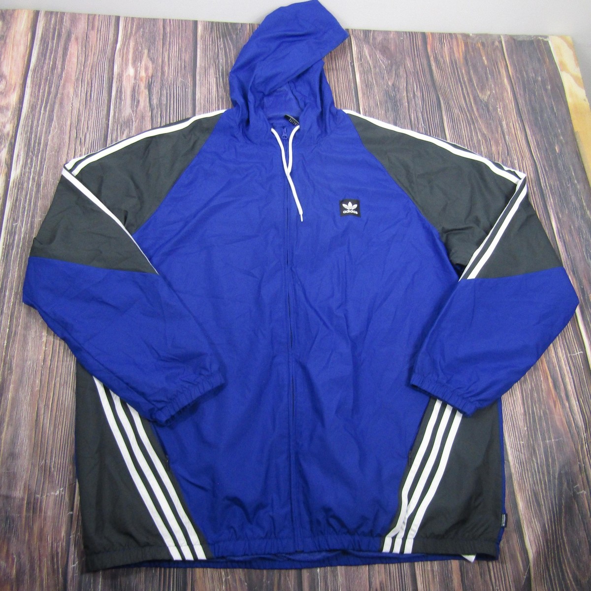 Adidas Jacket Mens 2XL Blue Hooded Full Zip Colorblock Windbreaker