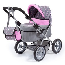 Bayer: Trendy Pram - Grey, Pink, Dots - Includes Shoulder Bag, Fits Dolls Up ...