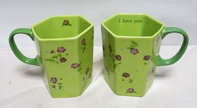 Anthropologie limettengrün sechseckig geblümt Becher 10cm x2