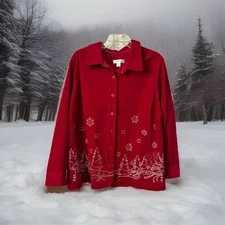 CJ Banks Christmas Red Corduroy Jacket Shirt Sz 2X Embroidered Holiday Design