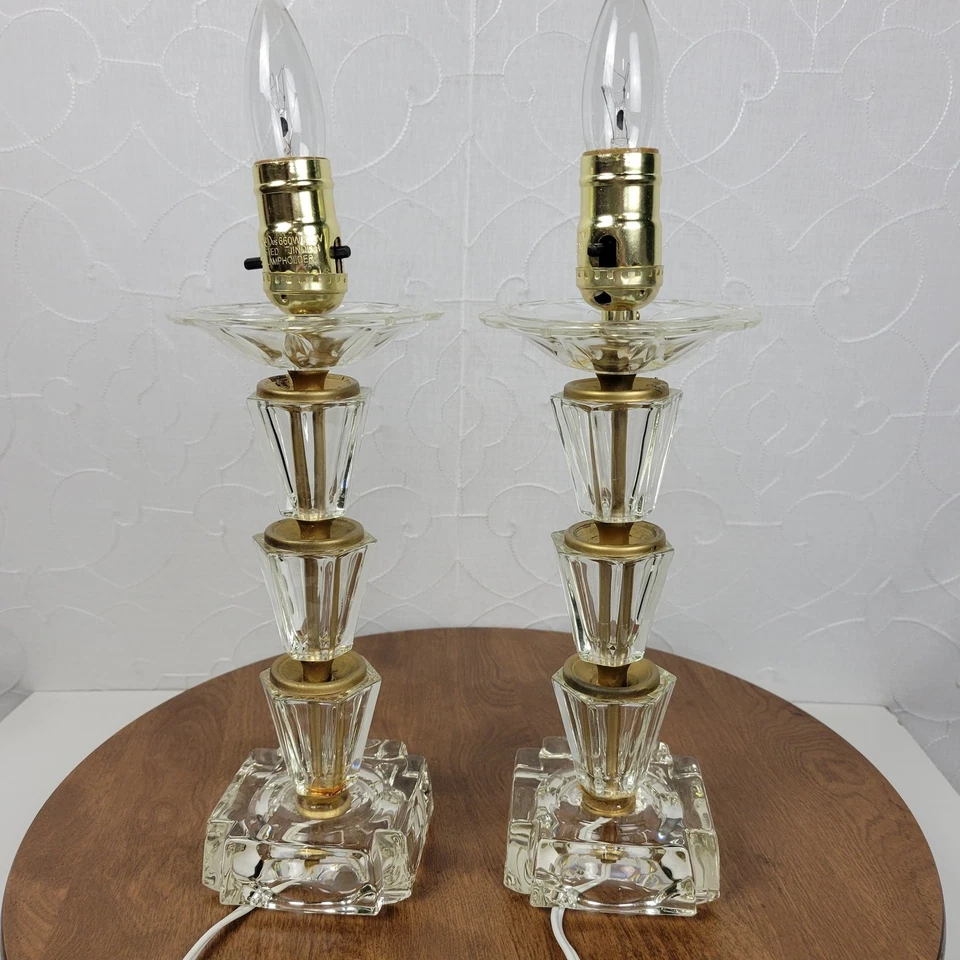 Vintage Etched Crystal Glass Base Lamps Gold Metal Accent MCM Art Deco Pair - Image 2 of 4