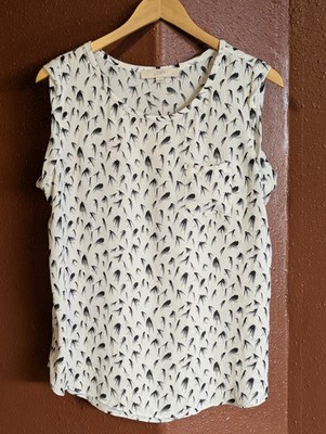 Ann Taylor LOFT  Short Sleeve Blouse Women's Medium Peacock Feather Print Taupe