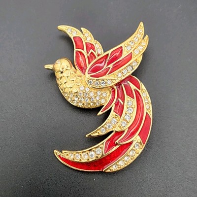 Vintage Giorgio Armani Bird Of Paradise Gold Tone Red Enamel Rhinestone Brooch