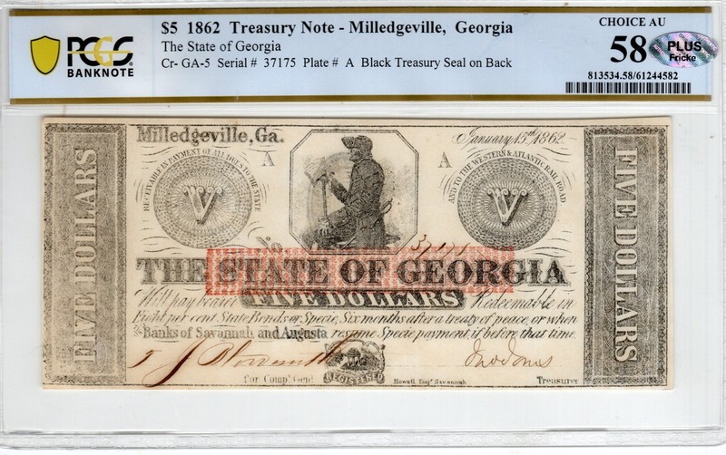 GA CR-5 1862 $5 Georgia Paper Money - PCGS-B Choice About Uncirculated 58 - PLUS