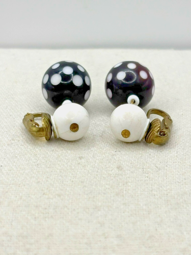 Vintage Germany Black Cherry And White Polka Dot Ball Drop Clip On Earrings - Picture 4 of 23