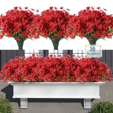 20 Bundles Artificial Flowers Outdoor UV Resistant Faux Silk Patio Porch Red