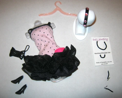 BARBIE FASHION CLOTHES ~ PINK PRINT w/BLACK TULLE OUTFIT w/ACCESSORIES SET