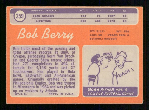 BOB BERRY RC 1970 TOPPS 70 NO 259 VG 34610 - Imagen 2 de 2