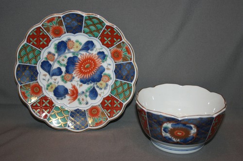 Vintage Japanese Kozan Gama Scalloped Bowl & Plate Set circa 1960 Imari Asian - Picture 6 of 10