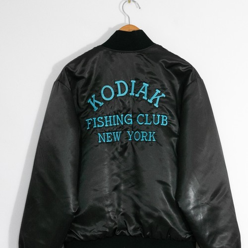 Vintage Kodiak Fishing Club New York Satin Bomber Jacket Mens XL - Black Retro - Picture 2 of 7