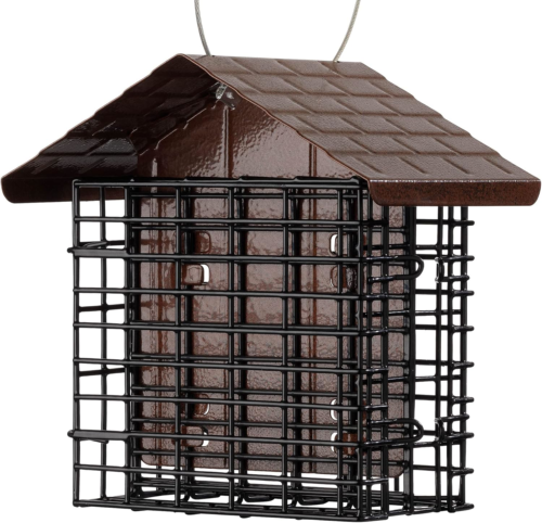 Double Suet Cage Bird Feeder, Metal Roof, Holds 2 Suet Cakes