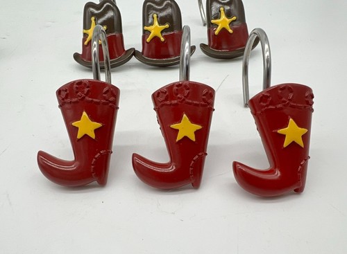 Vintage Set of 12 Jumping Beans Yeehaw Shower Curtain Hooks Rings Western Cowboy - Picture 2 of 9