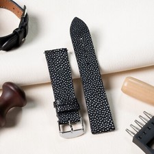 Black Stingray Watch Strap, 16mm - 24mm Leather Watch Band, Quick Release Men