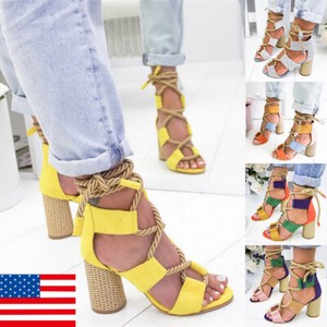 Womens-Sandals-Block-Chunky-High-Heel-Ankle-Open-Toe-Bandage-Beach-Sandals-Shoes