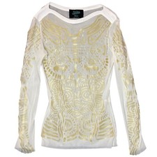 JEAN PAUL GAULTIER MAILLE  Vtg 90s Mesh Rubber Print Tribal Aztec L/S Top Sz M