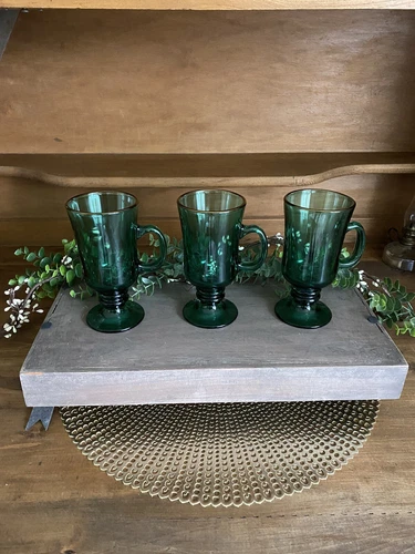 Vintage Libbey TEARDROP JUNIPER GREEN Irish Coffee Mugs - SET OF 3 - Gold Rim
