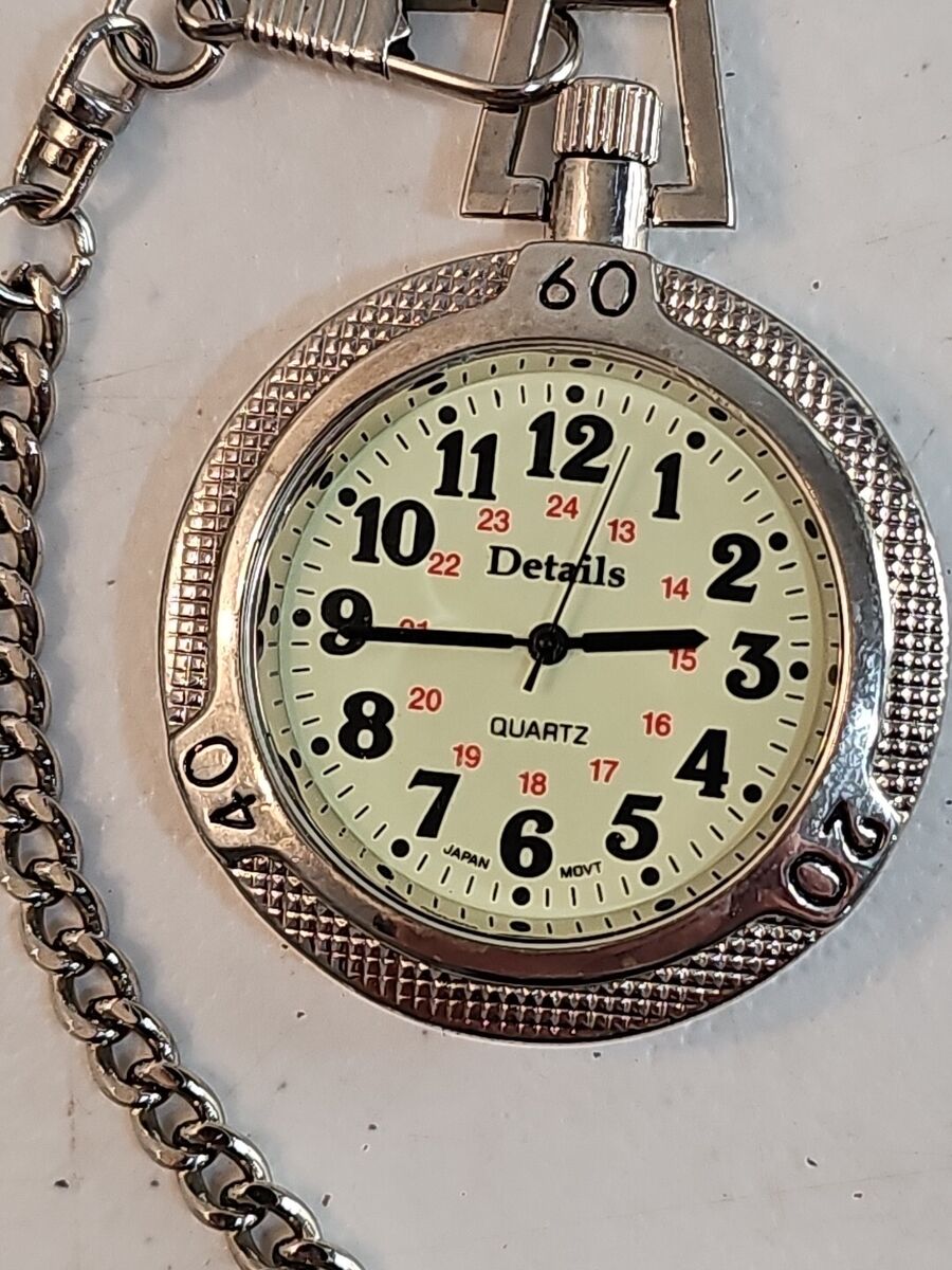 Vintage Quartz Silver-Tone Pocket Watch w Chain By Details Vintage Quartz Silver-Tone Pocket Watch w Chain By Details