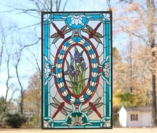 Tiffany Style stained glass window panel Dragonfly & Iris Flowers,20.5" x 34.25"