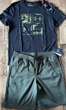 NWT Under Armour Boys YXL Black/Olive Green Camouflage Shorts Set XL