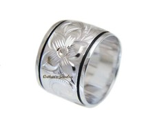 15MM SILVER 925 HAWAIIAN RING PLUMERIA FLOWER SCROLL BLACK BORDER LINE ENAMEL