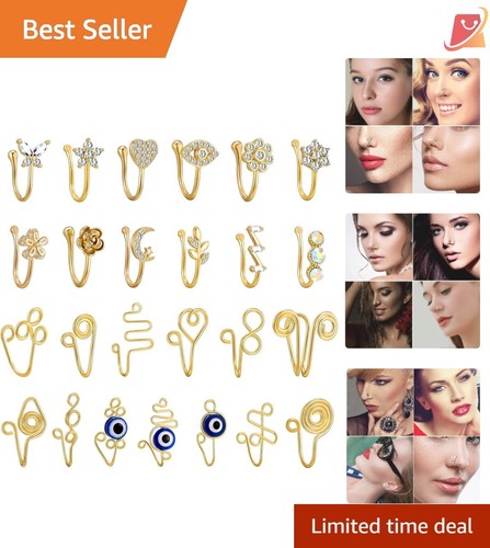 25 Pcs Gold-Plated Copper Fake Nose Rings Non-Piercing Jewelry Gift for Teens