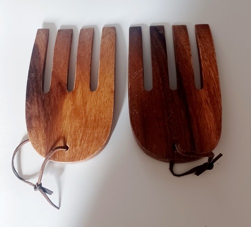 Vintage Midcentury Modern Solid Wood Salad Serving Forks With Leather Cord - Picture 2 of 2