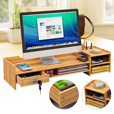 Wood Monitor Stand Riser Computer Desk Storage Shelf Organizer Holder Drawer