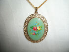Hand Painted Pendant Cameo Gold Plated Heart Rim Openwork With German Glass