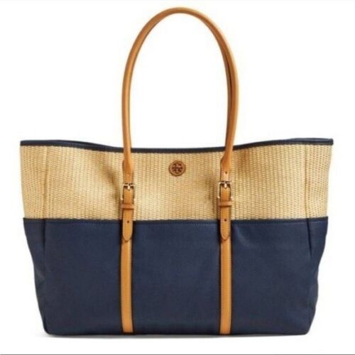 Tory Burch Large Tote Bag Travel Beach Leather Trim Blue Canvas Natural Raffia