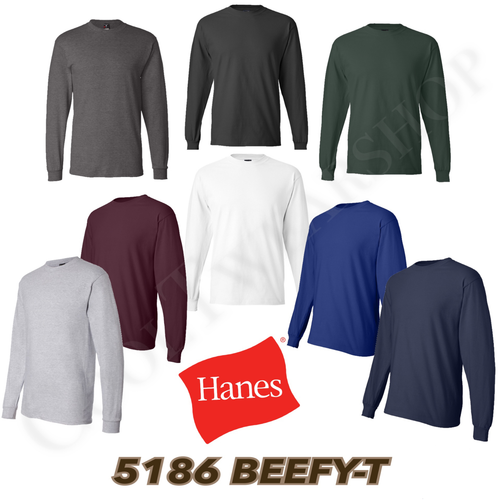 Hanes Beefy-T Adult Cotton Plain Crew Neck Long Sleeves T-Shirt 5186 - 第 1/29 張圖片