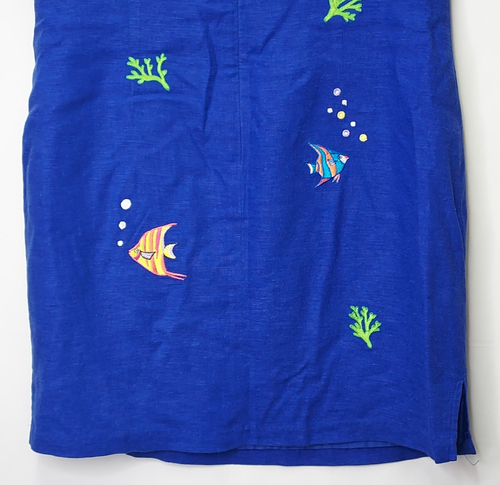 Ultra Dress Shift Women's Size 8P Blue Embroidered Fish Sleeveless Linen Rayon - Picture 4 of 12