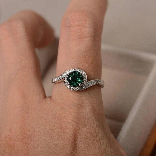 1.20 Ct Round Natural Emerald & Diamond Engagement Ring 14K White Gold Size ALL - Picture 4 of 5
