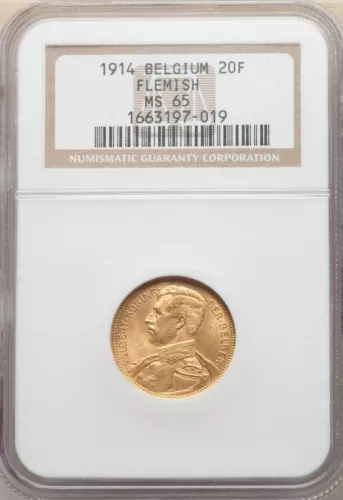 BELGIUM , GOLD 20 FRANCS 1914 POSITION B - FLEMISH -  NGC MS 65 ,,, RARE5