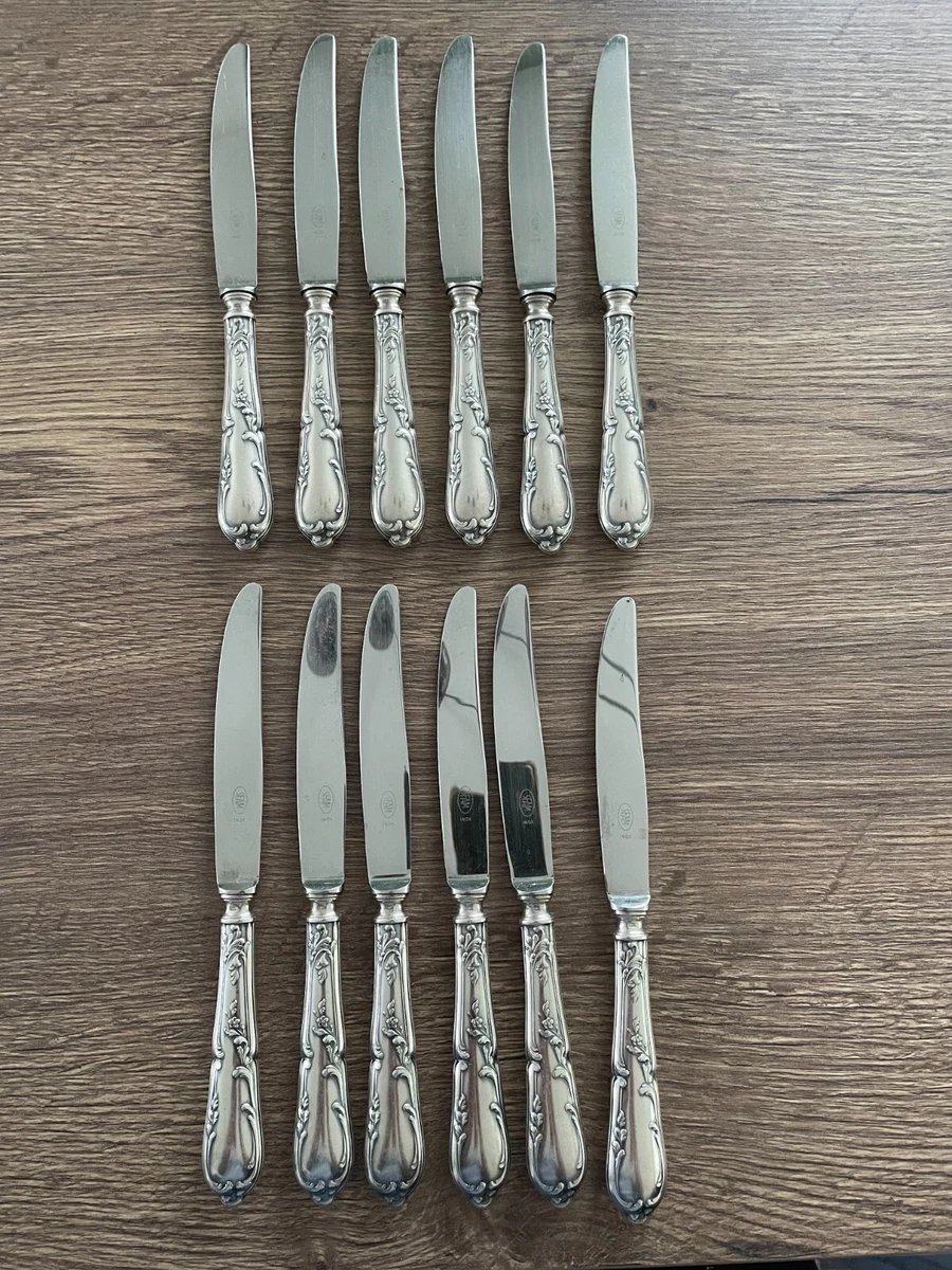 Lot De 11 Couteaux De Table Art Nouveau, Virole Et Pointe Argent, Lames Impeccables, France