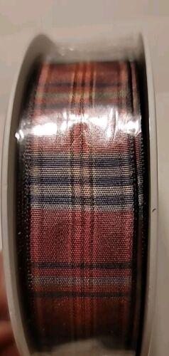 Tan, Navy Red Plaid Design Acetate ribbon 1" By 25M/82FT made in France - Picture 3 of 4