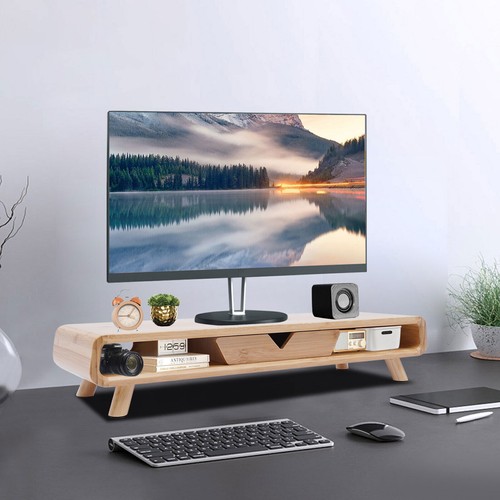 24in Bamboo Monitor Stand W/ Drawer Back Baffle Desktop Stand Riser 4.5in Height - Picture 14 of 24