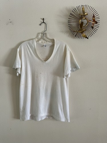 80s HANES V-Neck Cotton Blend Blank White T Shirt M / L Distressed Burnout Vtg - Picture 3 of 21