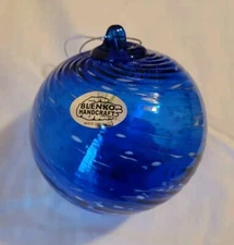 Blenko Straight Optic Swirl Cobalt with White Frit Christmas Ornament 