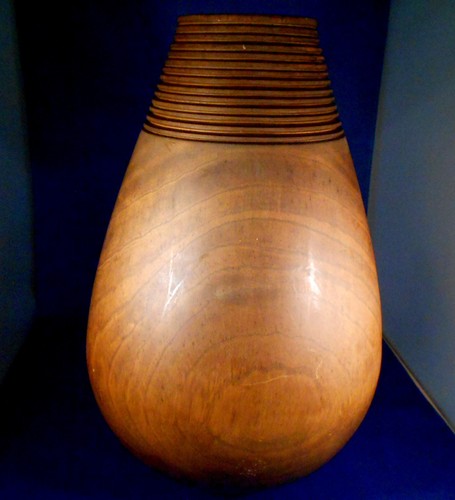 Solid Wooden Decorative Vessel with Ringed Design Neck. - Picture 3 of 12