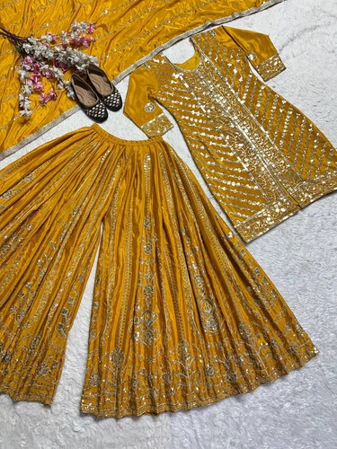 Ready Made Yellow Faux Georgette Palazzo Suit With Dupatta For Wedding - Picture 7 of 12