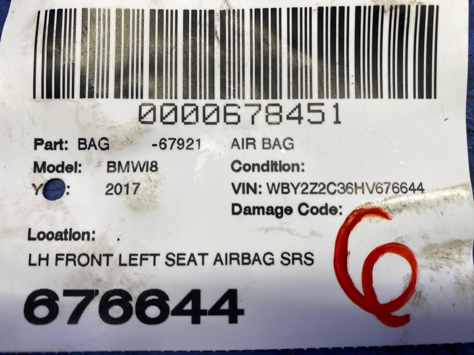 2014 2015 2016 2017 2018 2019 2020 BMW I8 FRONT LEFT SEAT AIRBAG SRS ASSEMBLY