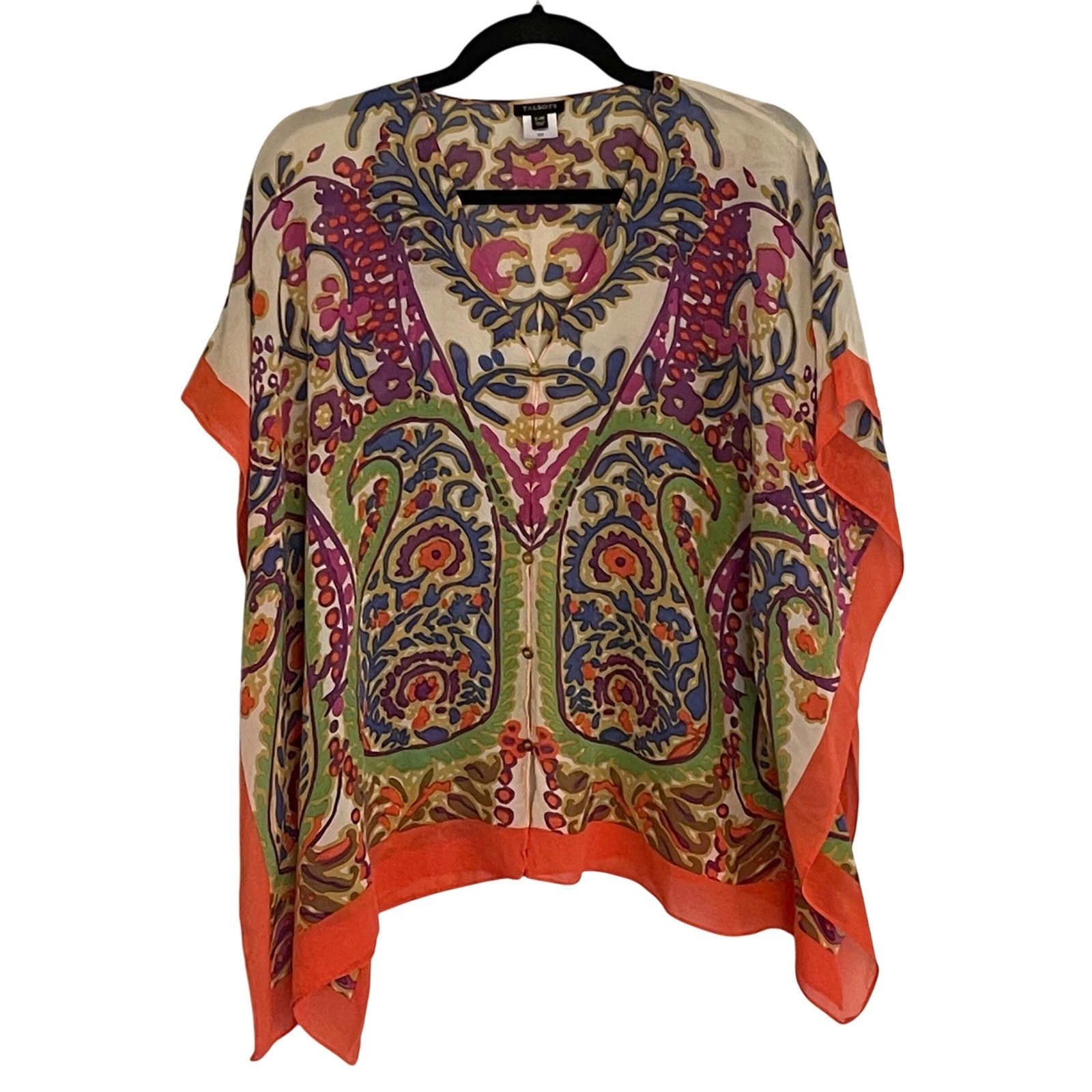Talbots Womens S/M 100% Silk Paisley Kaftan Poncho Top Orange Multicolor V-Neck