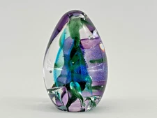 Contemporary Art Glass Paperweight – Abstract Ribboned Swirl, Green & Purple