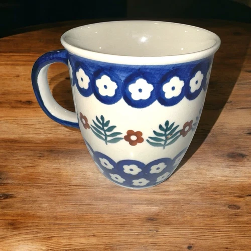 Boleslawiec HandMade Polish Pottery Mug WHITE BLUE FLORAL CUP Poland
