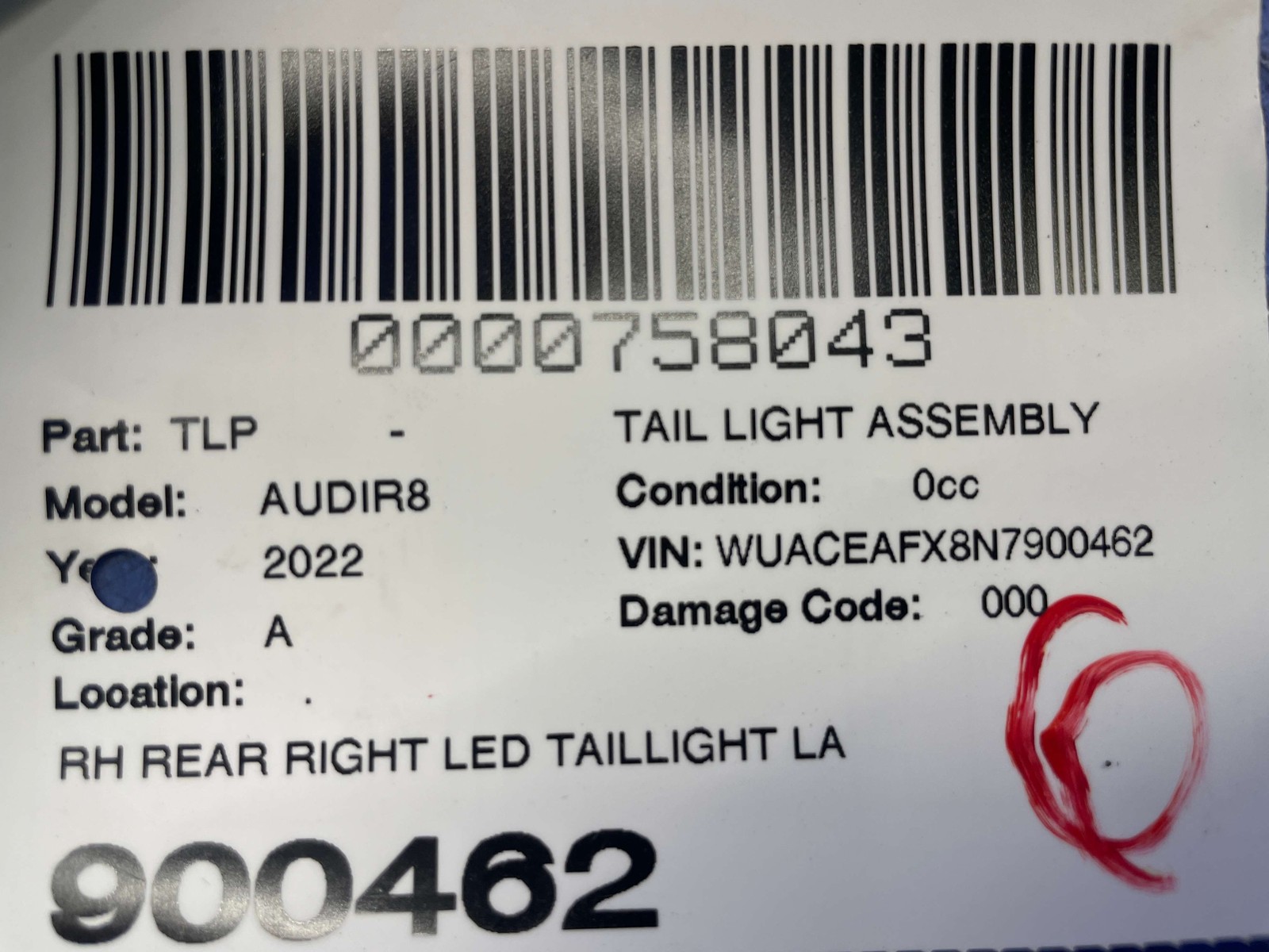 2017-2023 AUDI R8 V10 4S REAR RIGHT LED TAILLIGHT TAIL LIGHT ASSEMBLY 4S0945096C