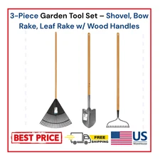 3-Piece Garden Tool Set – Shovel, Bow Rake, Leaf Rake w/ Wood Handles